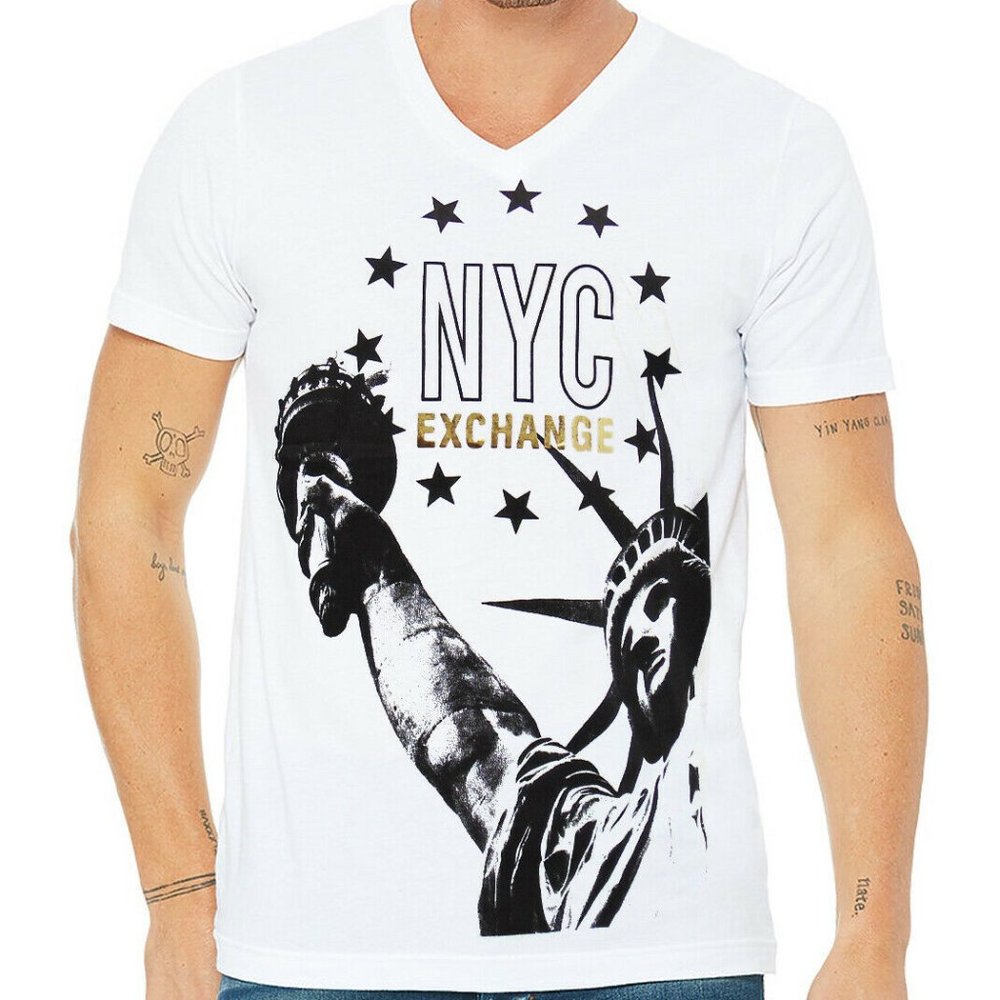 NWT EXCHANGE STATUE OF LIBERTY MEN'S WHITE V-NECK SHORT SLEEVE T-SHIRT SIZE M L